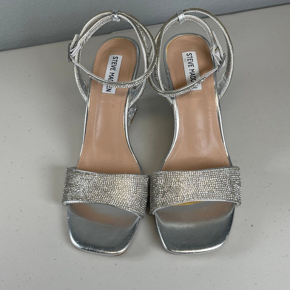 Steve Madden Sophey Sz 10 Silver Rhinestone Wedge Sandals Ankle Strap Sparkly - Picture 3 of 13